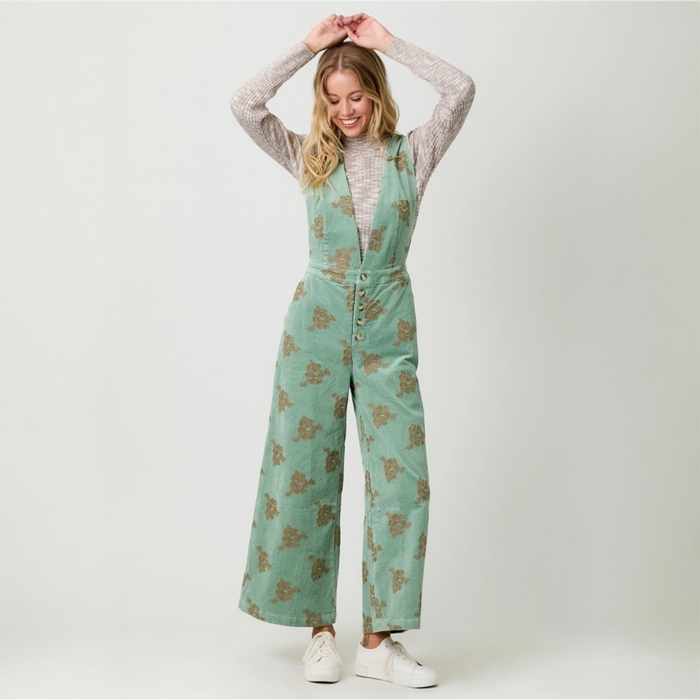 ONLY 1 LEFT!! Washed Seafoam Embroidered Corduroy Jumpsuit Large - Picture 3 of 8